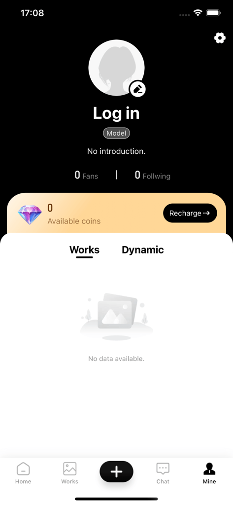 Tjgo - Video Chat，Adult Share - Pantalla de perfil de usuario de la aplicación Tjgo que muestra la indicación de inicio de sesión, etiqueta de modelo, saldo de monedas y secciones para trabajos y dinámicas.