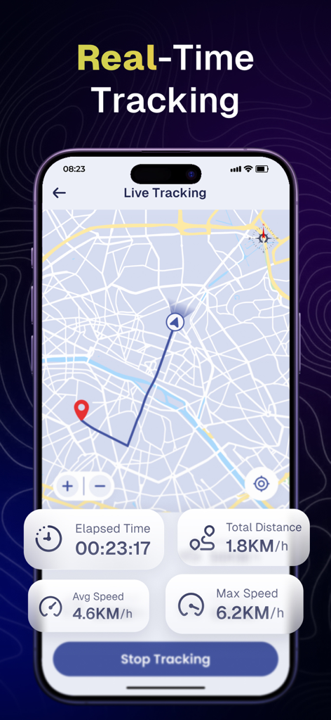 GPS Map Camera - Geotag Photos - Interface d'une application mobile affichant le suivi GPS en temps réel avec une carte et des statistiques d'activité
