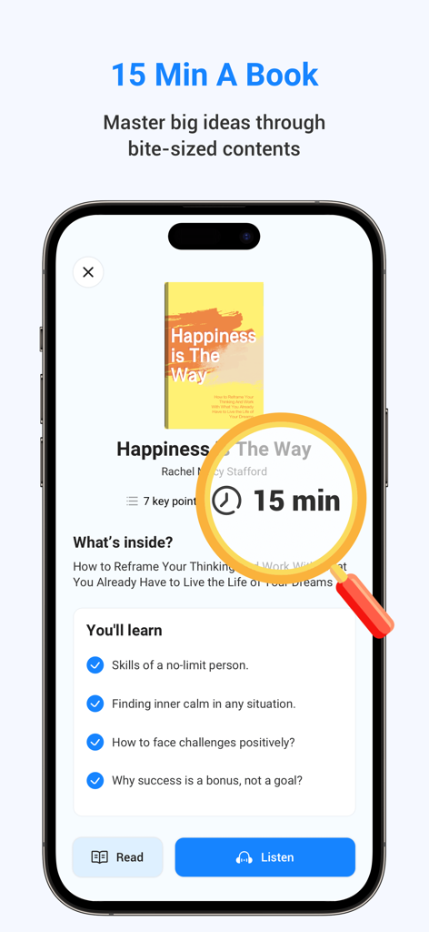 LeapAhead-Daily Book Cast - LeapAhead app displaying a 15-minute book summary for Happiness Is The Way with key learning points and listening options
