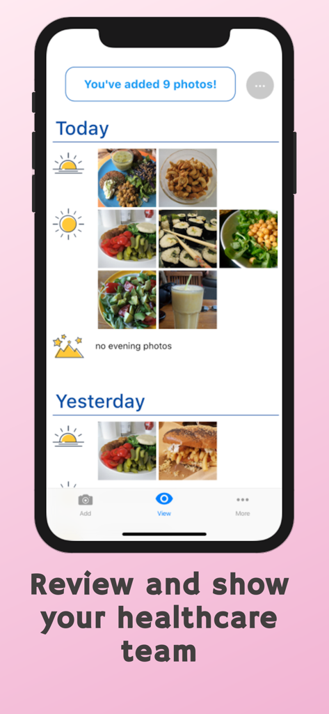 FoodView - Photo Food Diary - A mobile app interface showing a visual food diary with photos of meals organized by day and time for healthcare review