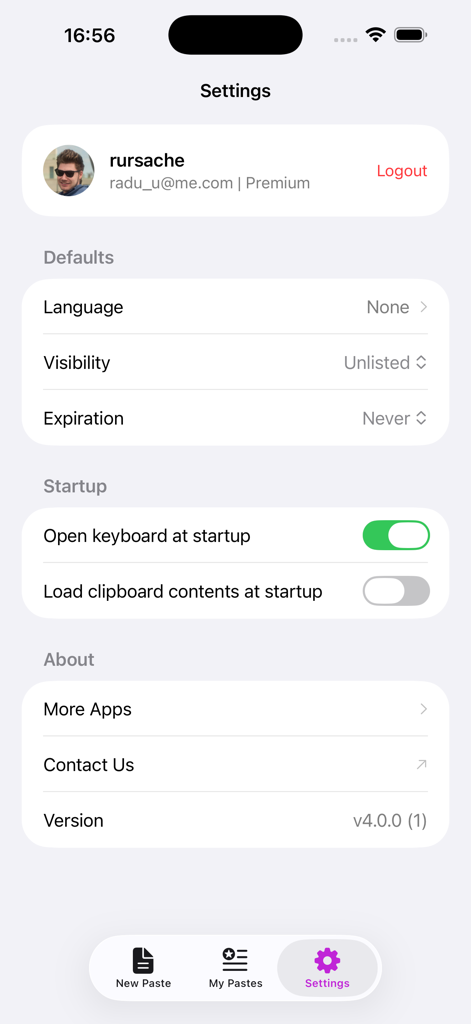 Settings interface of the PasteMe app showing user profile and default configuration options
