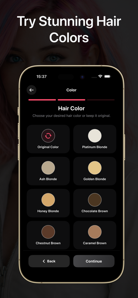 AI Hairstyle - Hair Color - A mobile app interface displaying a grid of hair color choices including blonde and brown shades for virtual try on