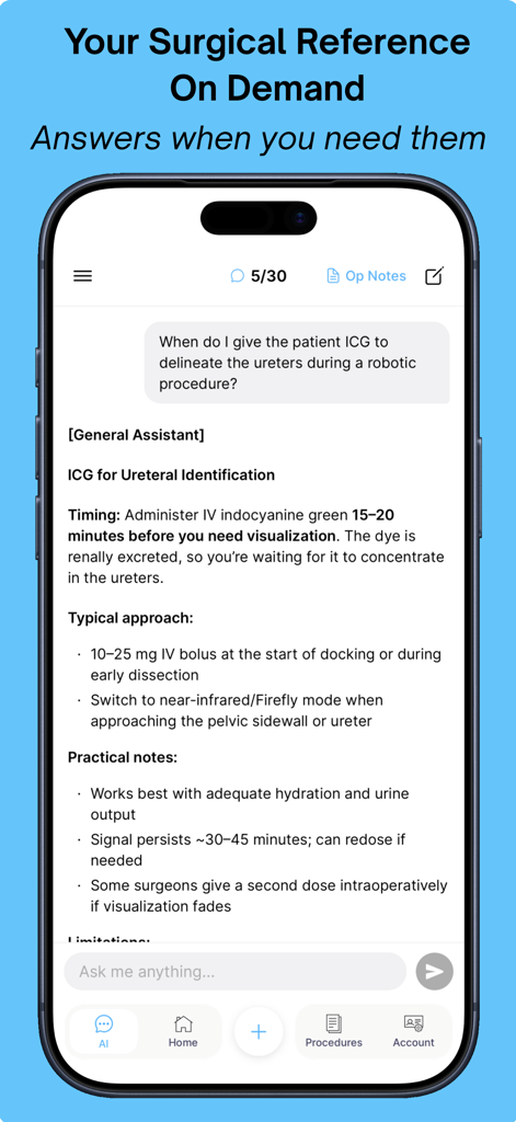 UNIRA - UNIRA app interface showing a surgical reference AI assistant providing detailed answers to procedure-specific clinical questions.