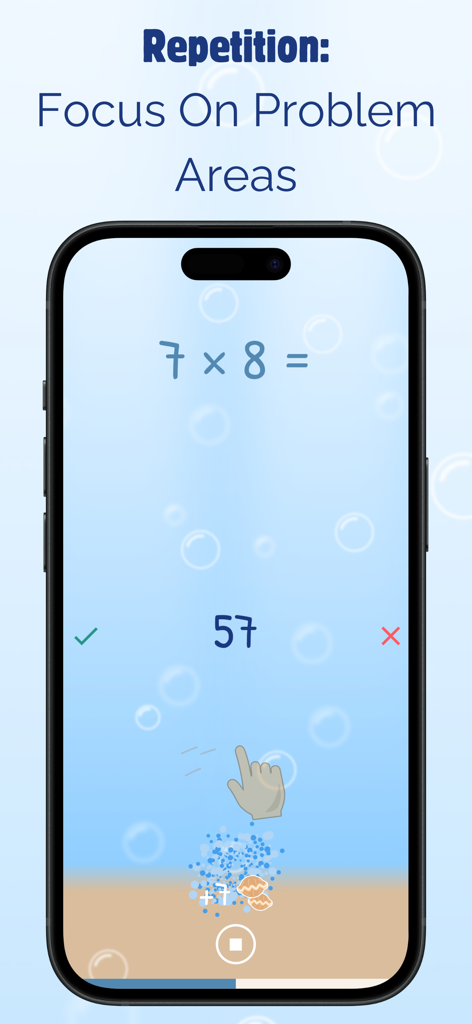 Learn Math For Kids PRO - La interfaz de Aprende Matemáticas Para Niños PRO muestra un problema de multiplicación y la función de repetición.