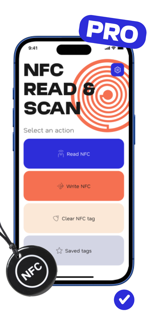 NFC Read & Scan - Main menu of the NFC Read and Scan app on an iPhone showing options to read, write, clear, and view saved NFC tags.