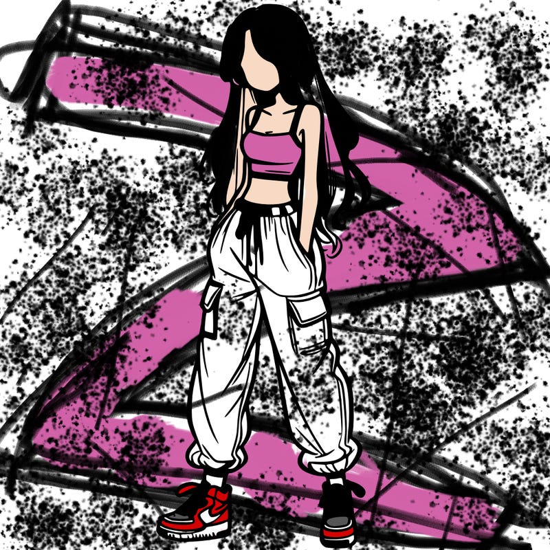 girl in baggy pants crop top and long hair