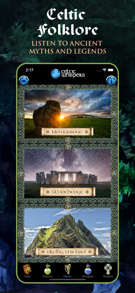 Una pantalla de aplicación móvil que presenta mitos y leyendas del folclore celta con imágenes de Newgrange, Stonehenge y Skellig Michael.
