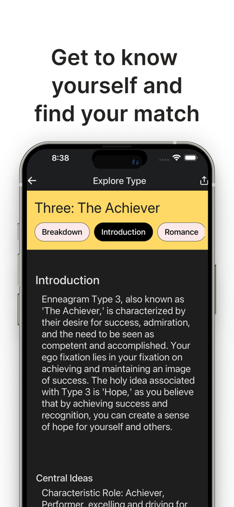 Persona Analysis - 페르소나 분석 앱 화면이 성취자 성격 유형 설명을 보여줍니다