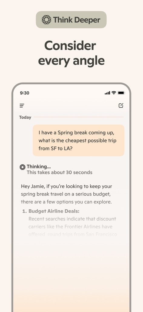 Microsoft Copilot app interface showing the Think Deeper feature processing a complex travel query.