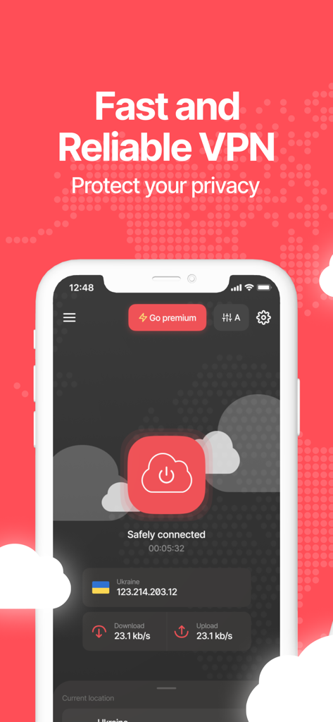 CloudVPN mobile app interface showing a secure connection status and real-time data speeds