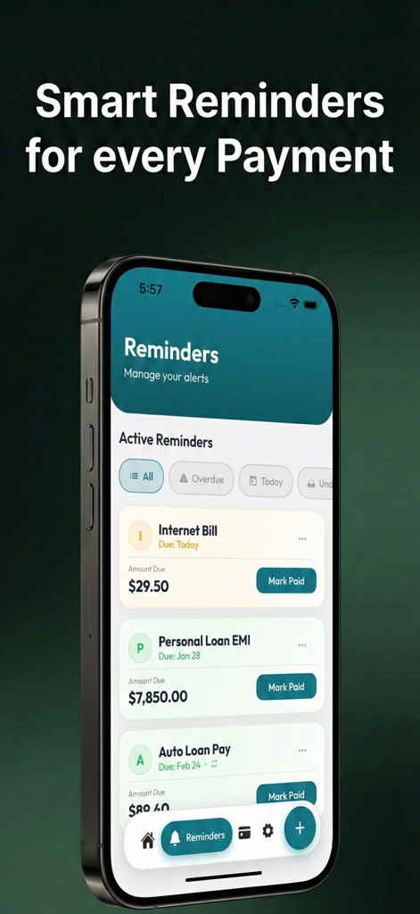 Pay Alert: Bill & Loan Tracker - Smartphone screen showing the Pay Alert app with a list of active bill and loan reminders including Internet and Loan EMI.