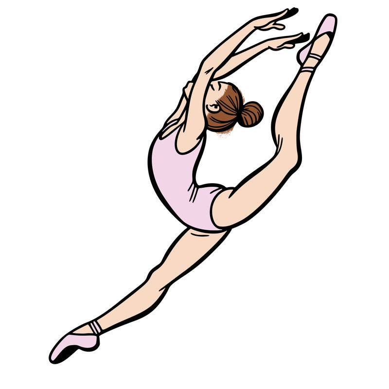 gymnast doing a leap in a leotard with a bent back leg