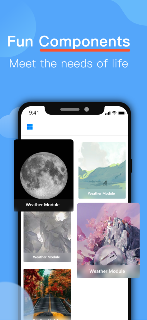 Browser - Fast, Safe, Private - A mobile interface displaying various customizable weather widgets under the title Fun Components