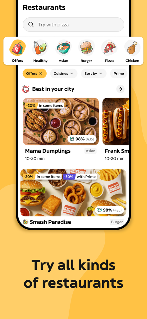 Glovo app interface showing restaurant categories and featured local food options