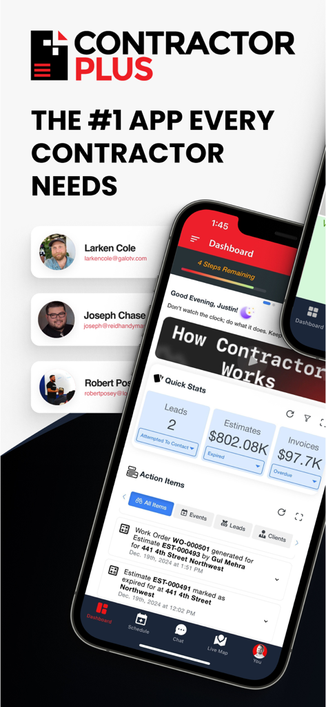Contractor+ - Contractor Plus app dashboard displaying business stats and project management tasks