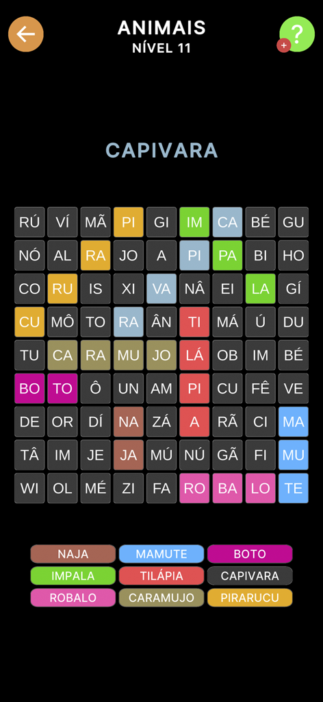 Caça-Palavras Silábico - Interface do jogo de caça-palavras silábico em português com nomes de animais e uma grade de sílabas