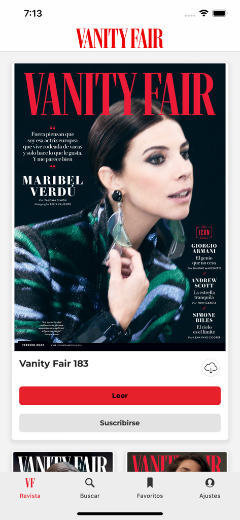 Interfaz de la aplicación móvil Vanity Fair España mostrando la portada de una revista digital con opciones para leer o suscribirse.