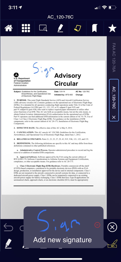 Digital signature tool being used on an FAA Advisory Circular within the Aviation Docs application.