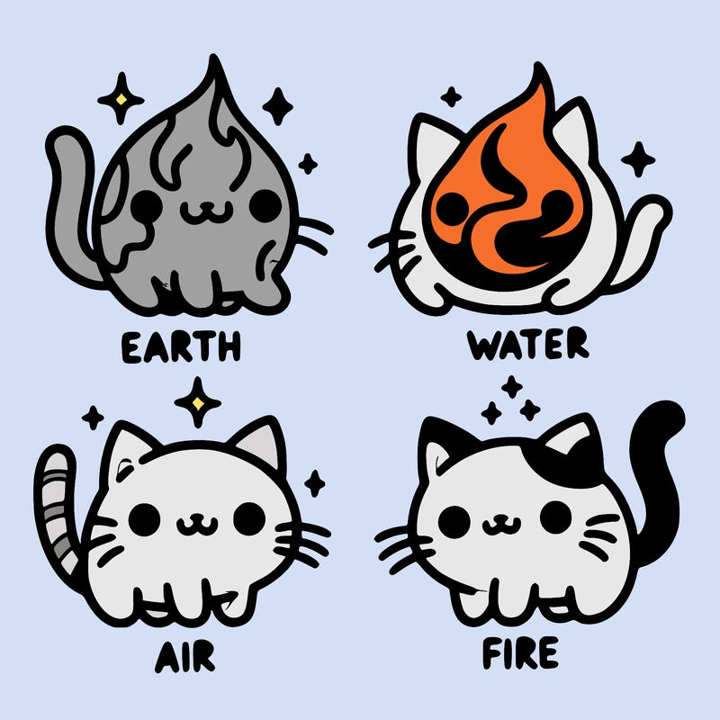 4 cats that represent the different elements, earth, water, air, and fire