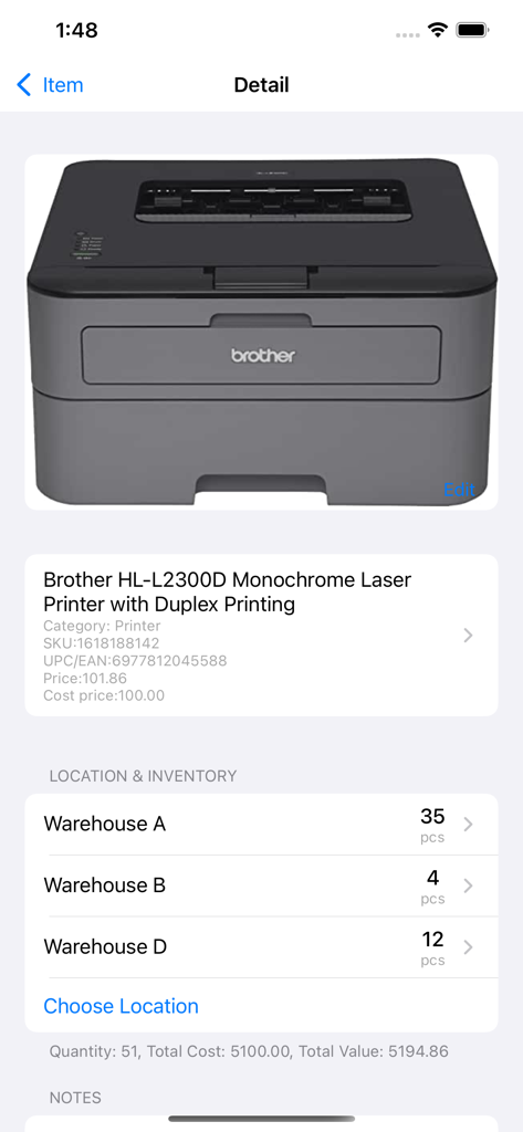 Softzoo Inventory Tracker - Eine Produktdetailseite in der Softzoo-App, die einen Laserdrucker mit Lagerbeständen in drei Lagerstandorten anzeigt