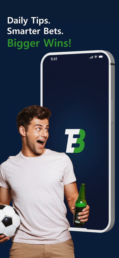 Enki's Football Stats - Un hombre feliz sosteniendo un balón de fútbol y una bebida junto a la pantalla de un teléfono que muestra el logo de la aplicación Enki y el eslogan de consejos de apuestas