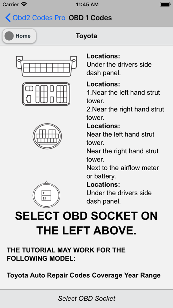 Localização do soquete de diagnóstico Toyota OBD1 e diagramas de conectores