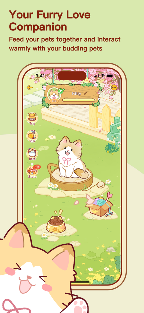 Una captura de pantalla de la aplicación Couple2 que muestra un lindo gato virtual en un jardín con opciones para que las parejas alimenten e interactúen con su mascota compartida.