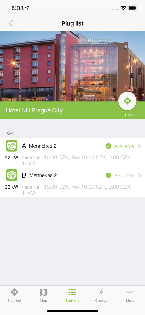 Polyfazer - Polyfazer app displaying available electric vehicle charging plugs and pricing at a hotel location