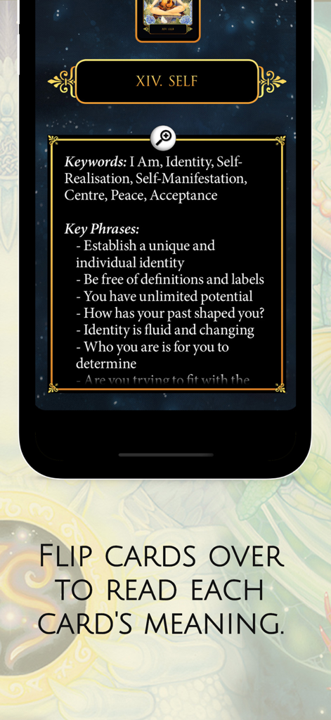 Dreams of Gaia Tarot - A mobile screen showing the meaning and keywords for the XIV Self card in the Dreams of Gaia Tarot app
