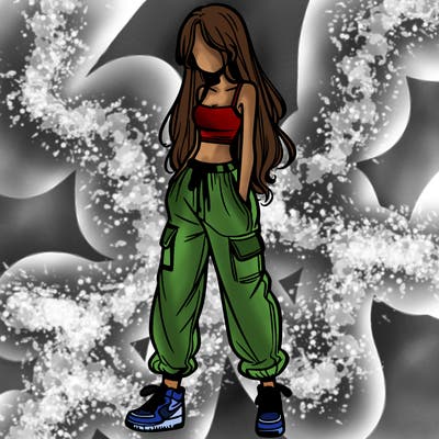 girl in baggy pants crop top and long hair