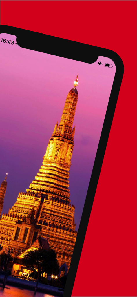 Bangkok Travel Guide . - Smartphone screen showing a photo of Wat Arun temple at sunset in Bangkok