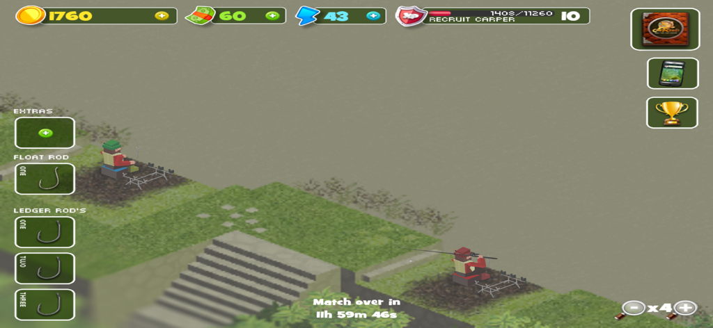 Carpcraft: Carp Fishing - Vista isométrica del juego Carpcraft que muestra a pescadores junto a un lago y la interfaz de gestión de cañas