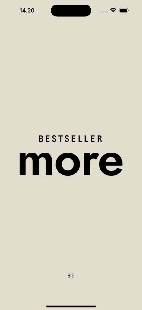 L'écran de démarrage de l'application mobile BESTSELLER MORE affichant le logo de la marque sur un fond beige clair.