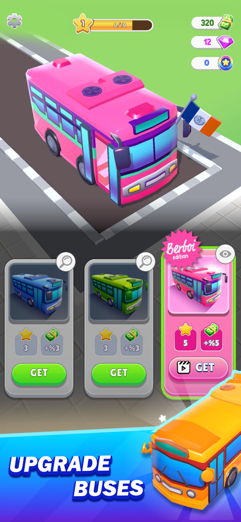Terminal Master - Bus Tycoon - In game menu for upgrading buses with different color options and rewards in Terminal Master