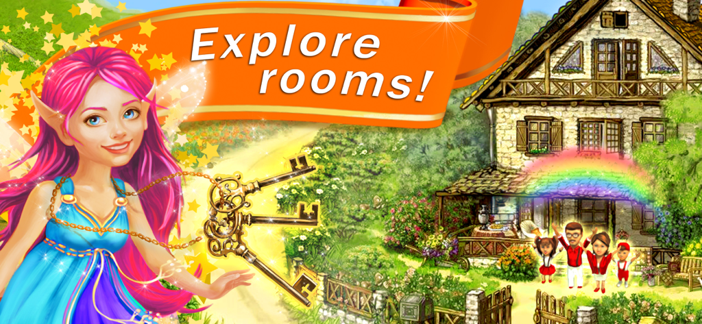 Brownies - magic family game - Un hada de pelo rosa y llaves doradas frente a una cabaña mágica