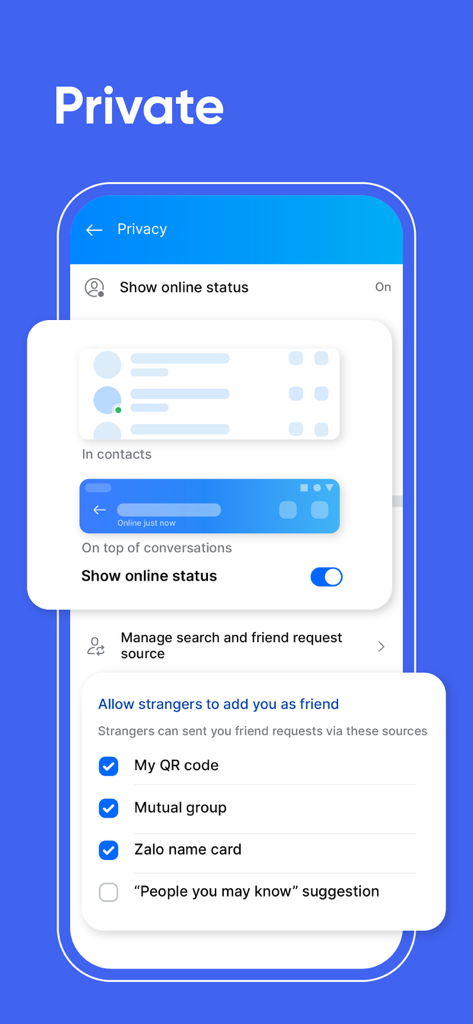 Zalo App-Oberfläche zeigt Datenschutzeinstellungen für Online-Status und Freundschaftsanfragen an.