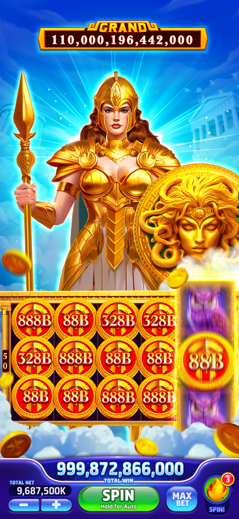 Jackpot Crazy-Vegas Cash Slots - A vibrant mobile slot game interface with a golden female warrior character and a multibillion gold coin jackpot