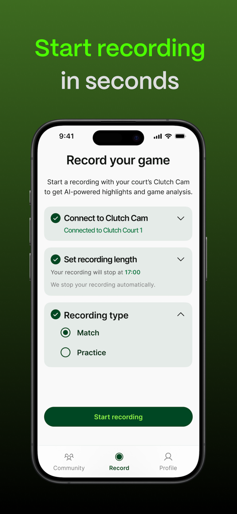 Interface of the Clutch app showing the setup screen to start recording a racket sports match or practice session