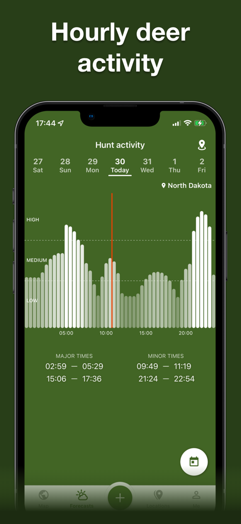 A mobile app screen showing a chart of hourly deer activity levels and feeding times for hunting in North Dakota.
