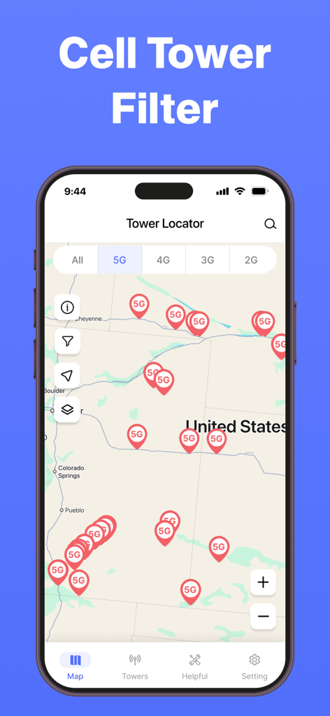Cellular Tower & Signal Finder - Cellular Tower and Signal Finder app interface showing 5G cell tower locations on a map with a network filter
