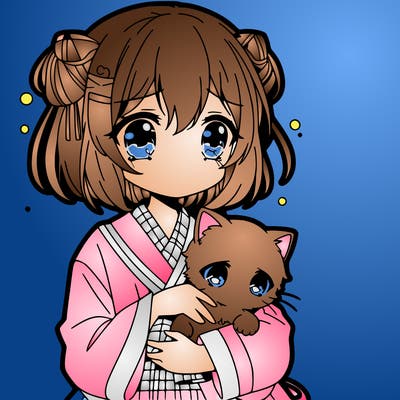 sad anime girl holding a little baby cat. thin lines  and detailed