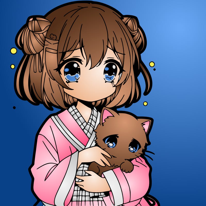 sad anime girl holding a little baby cat. thin lines  and detailed