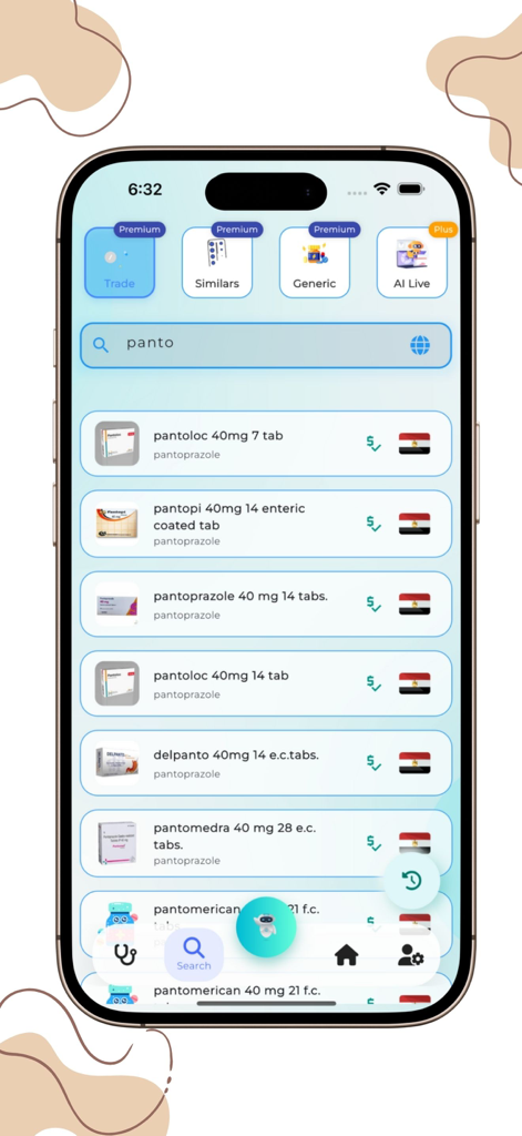 MediHelp: Drug Guide & Dosing - MediHelp mobile app search interface displaying results for pantoprazole brands and dosages.