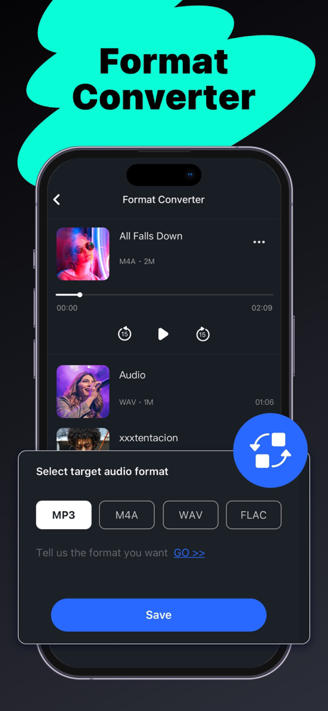 Music Editor app interface showing audio format conversion options including MP3 and WAV