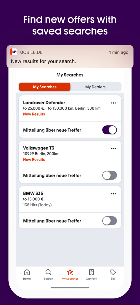Capture d'écran de l'application mobile affichant les recherches de voitures enregistrées et les notifications pour les nouvelles annonces.
