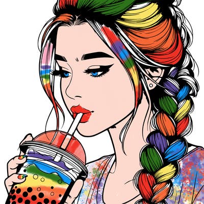realistic girl drinking boba tea with braided hair