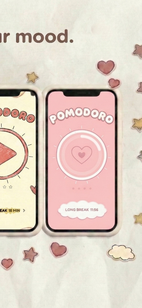 Podo - Pomodoro Timer - Podo Pomodoro timer app showing pink and cream aesthetic themes for focused study and work.