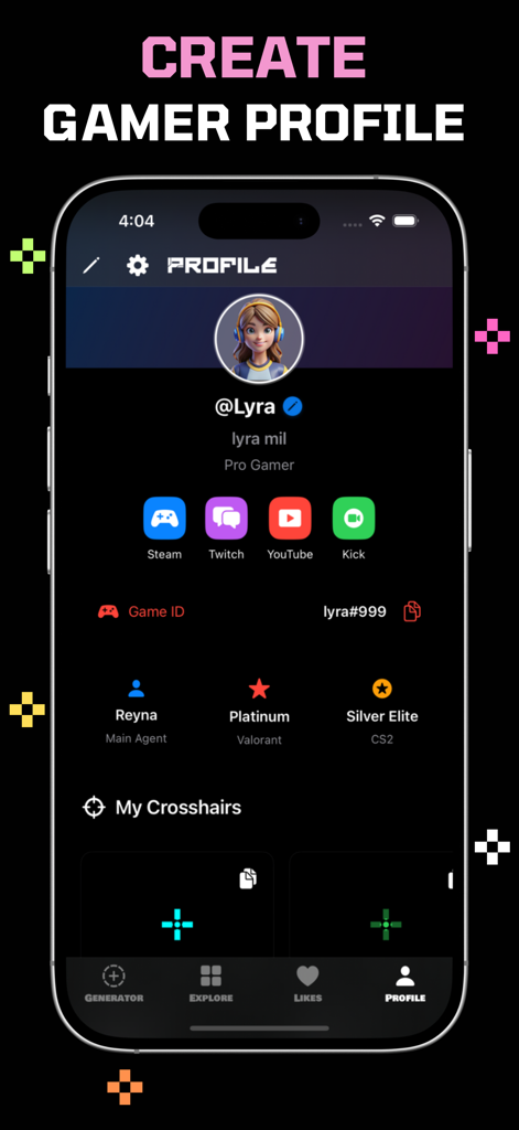 Custom Crosshair app gamer profile screen showing player stats and social media links