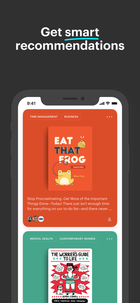 Bookmate app interface displaying smart book recommendations and curated categories for ebooks and audiobooks