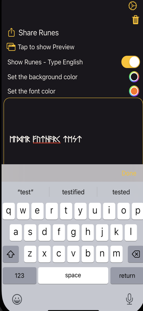 Captura de pantalla de la interfaz de la aplicación Traductor de Runas mostrando la traducción de texto en inglés a runas.